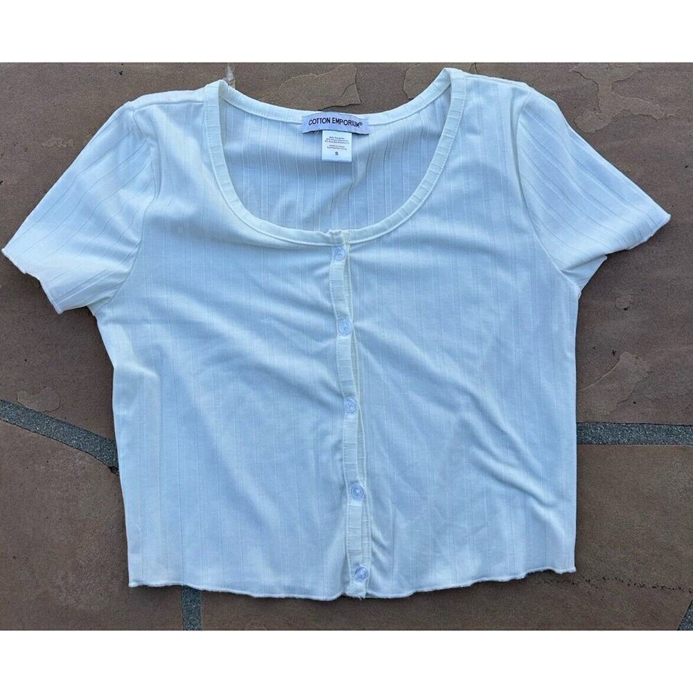 Cotton Emporium Shirt Ladies Small White Cropped Scoop Neck Short Sleeve